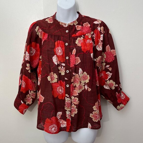 Anthropologie Porridge Maroon Red Floral Puff Sleeve Button Down‎ Top Size S - Picture 1 of 7